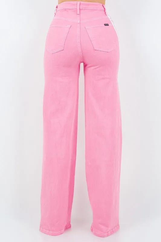 Pink Wide Leg Denim Jeans White Side Stripes