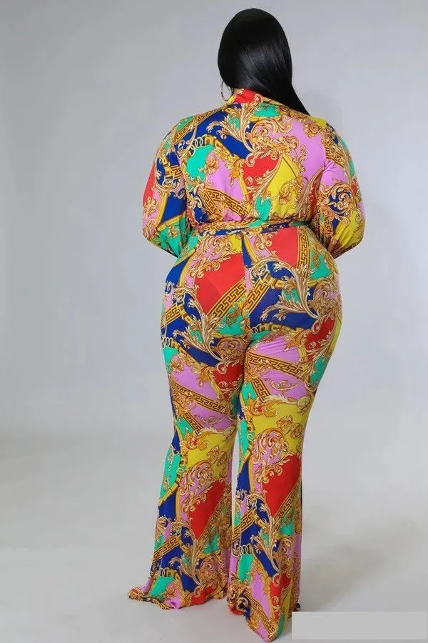 Plus   Curve Flare Bottom V Neck Bodysuit Multi-Color Pant Set