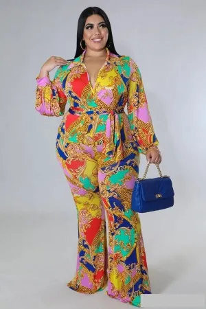 Plus   Curve Flare Bottom V Neck Bodysuit Multi-Color Pant Set