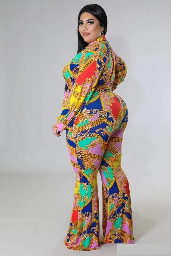 Plus   Curve Flare Bottom V Neck Bodysuit Multi-Color Pant Set