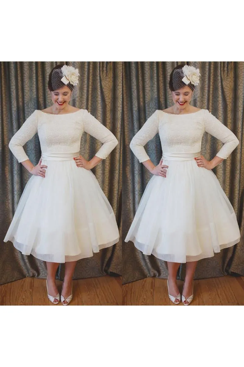 plus-size-tea-length-lace-and-organza-wedding-dresses-with-3-4-long-sleeves-715428