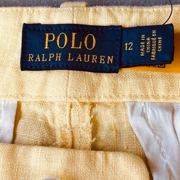Polo Ralph Lauren High-Rise Belted Linen Shorts Size 12 Yellow Cuffed Hem