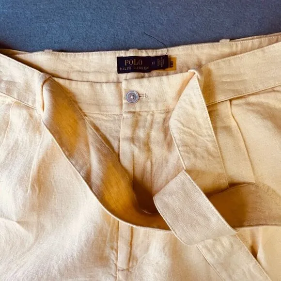 Polo Ralph Lauren High-Rise Belted Linen Shorts Size 12 Yellow Cuffed Hem