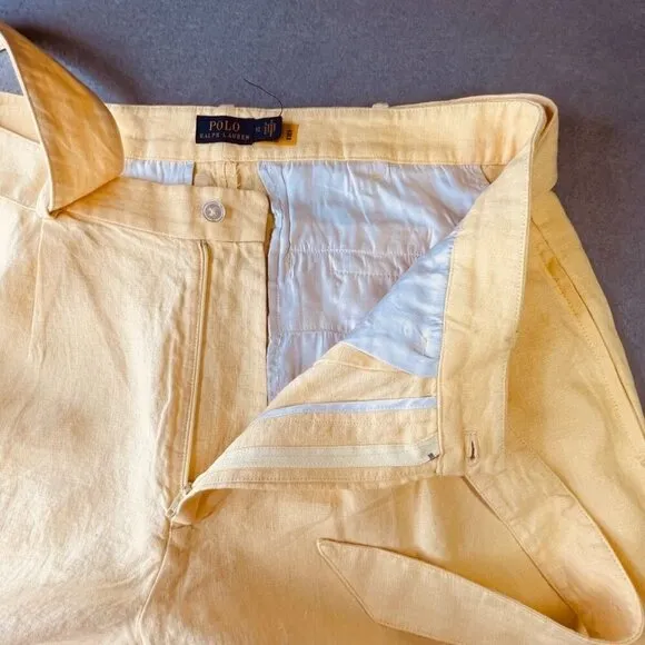 Polo Ralph Lauren High-Rise Belted Linen Shorts Size 12 Yellow Cuffed Hem