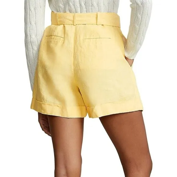 Polo Ralph Lauren High-Rise Belted Linen Shorts Size 12 Yellow Cuffed Hem