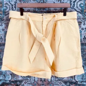 Polo Ralph Lauren High-Rise Belted Linen Shorts Size 12 Yellow Cuffed Hem