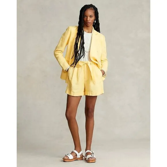 Polo Ralph Lauren High-Rise Belted Linen Shorts Size 12 Yellow Cuffed Hem