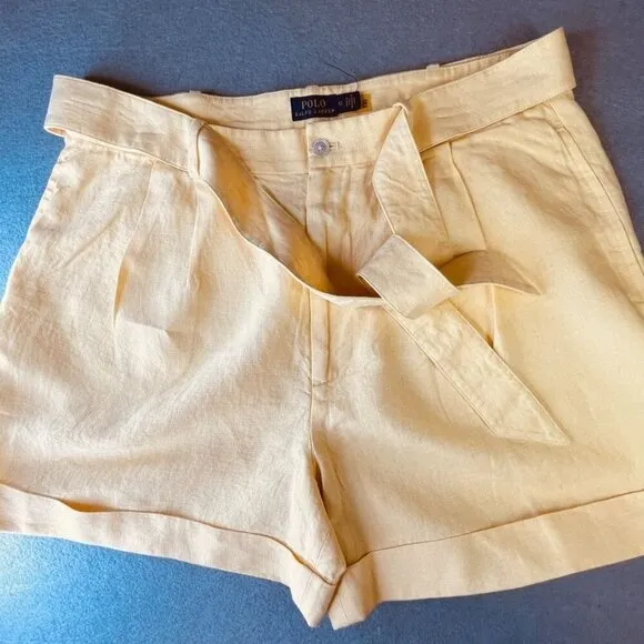 Polo Ralph Lauren High-Rise Belted Linen Shorts Size 12 Yellow Cuffed Hem