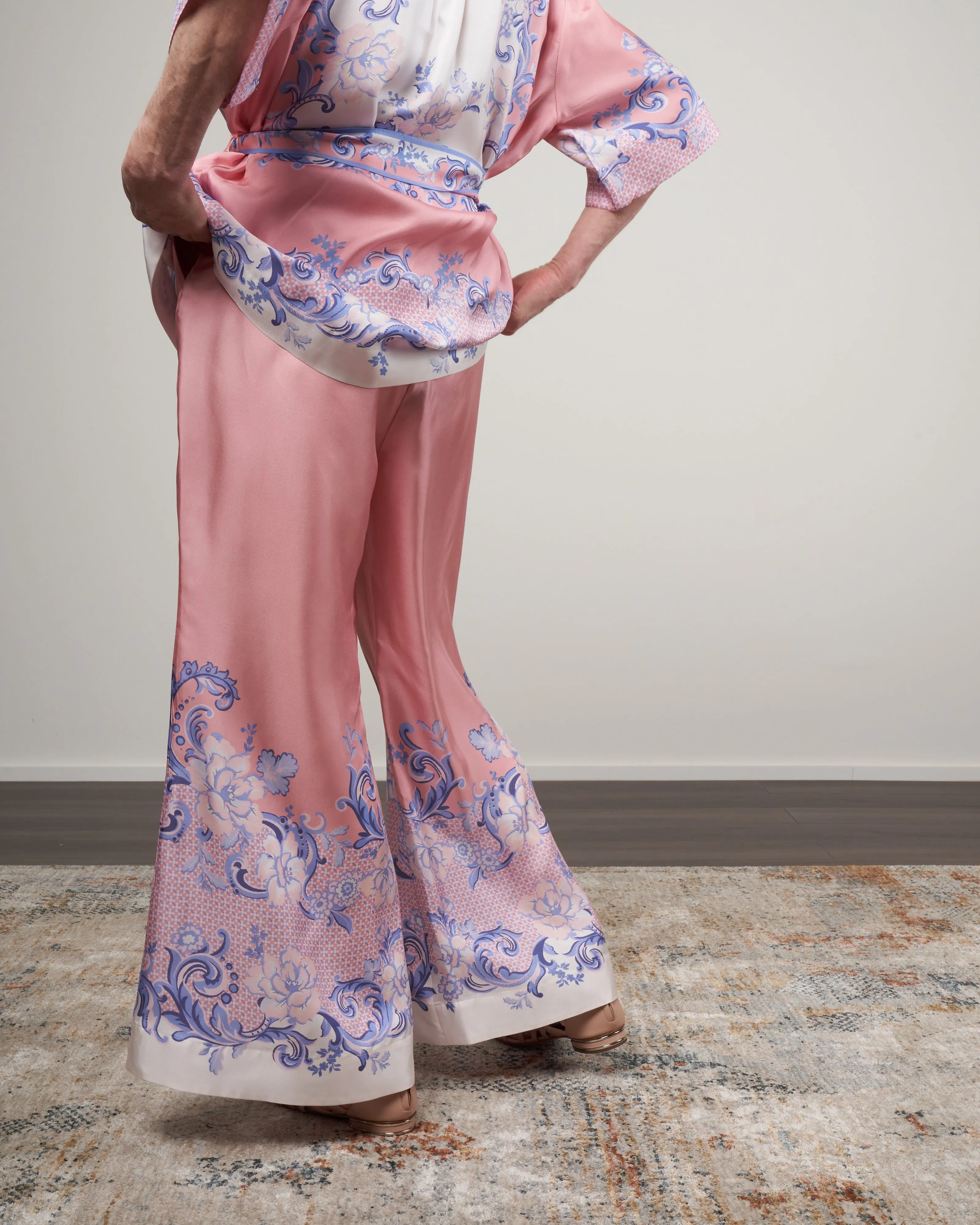 postcard silk kick flare pants - swirl floral coral