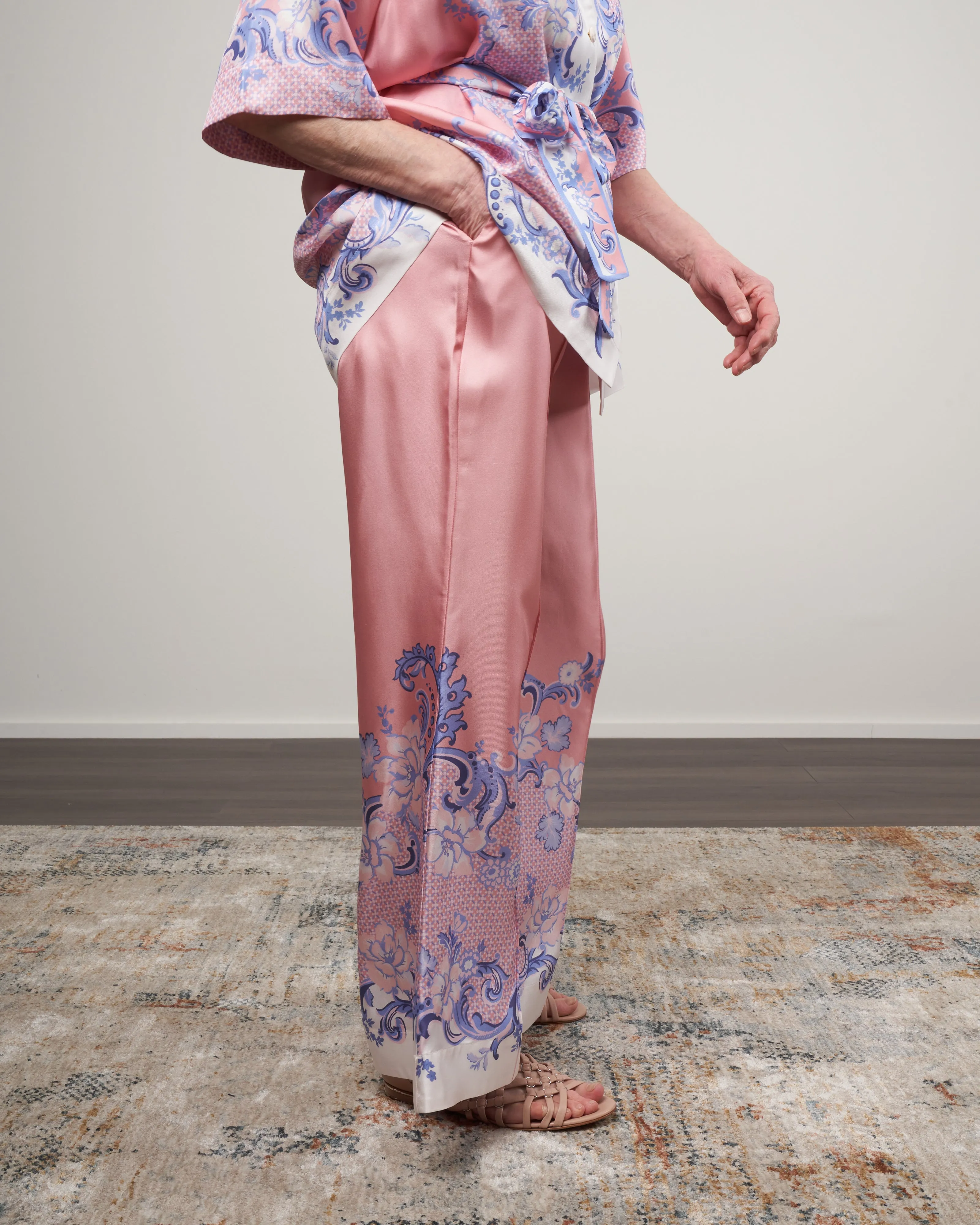 postcard silk kick flare pants - swirl floral coral