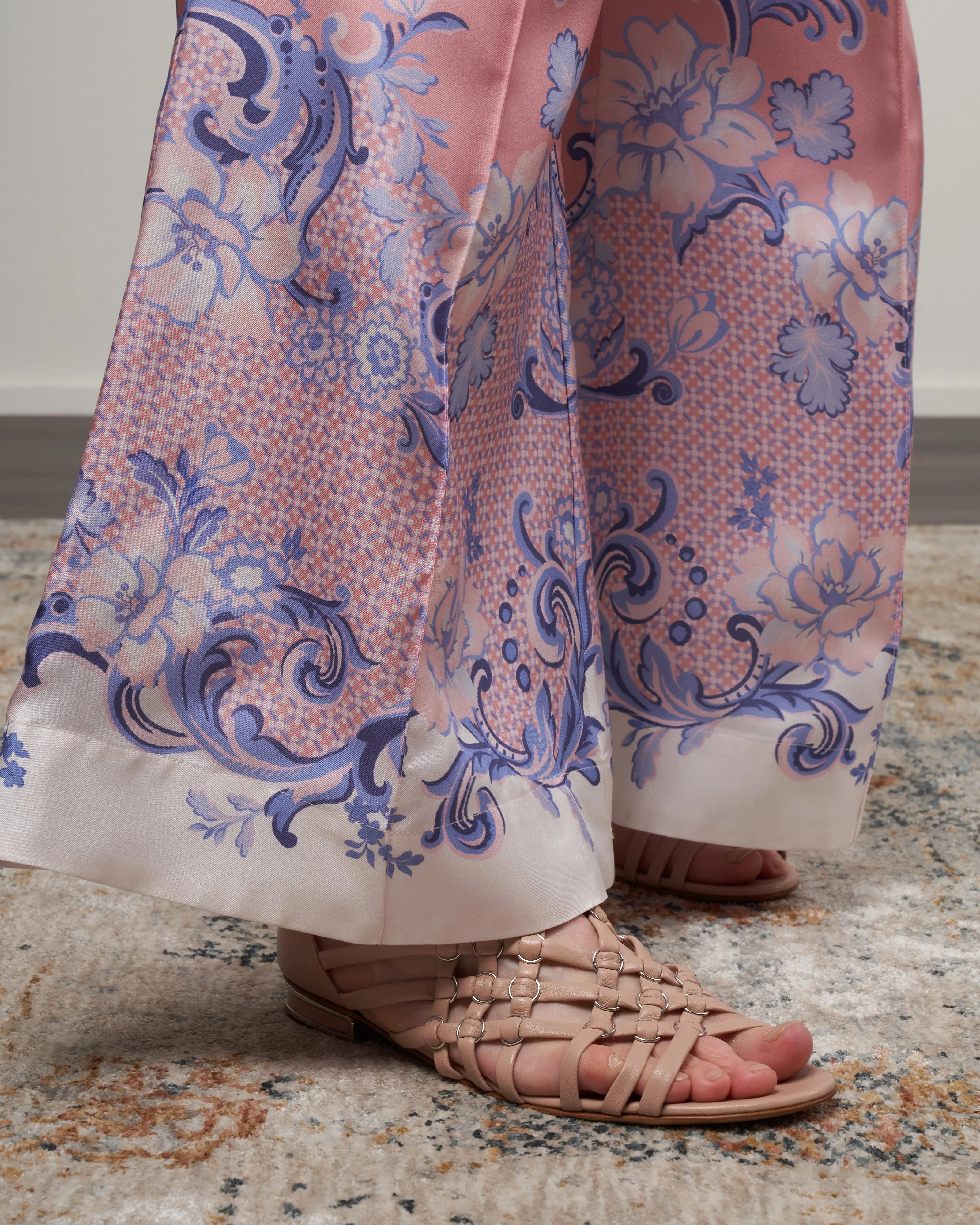 postcard silk kick flare pants - swirl floral coral