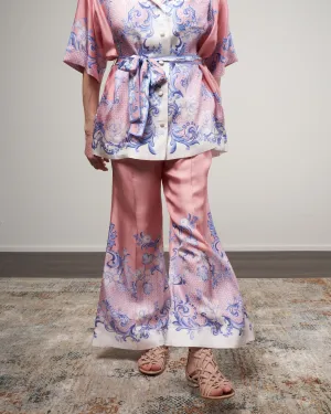 postcard silk kick flare pants - swirl floral coral