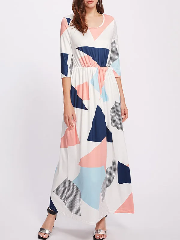 Printed Dress Round Neck Cropped Sleeves Women's Shirt Long Skirt