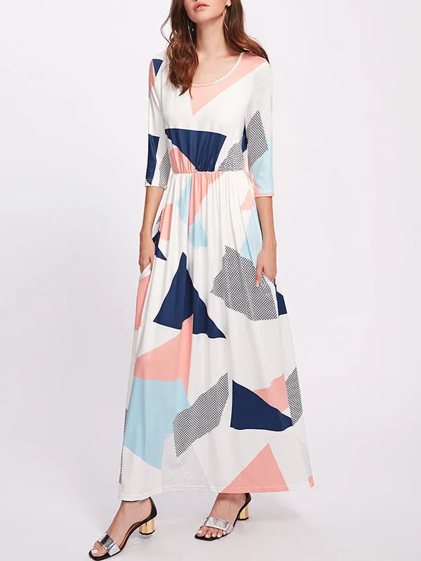 Printed Dress Round Neck Cropped Sleeves Women's Shirt Long Skirt