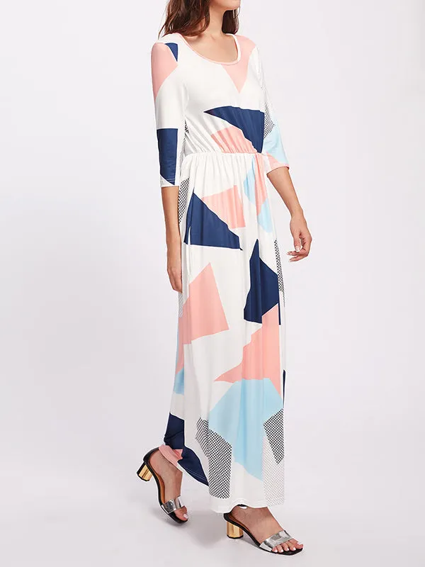 Printed Dress Round Neck Cropped Sleeves Women's Shirt Long Skirt