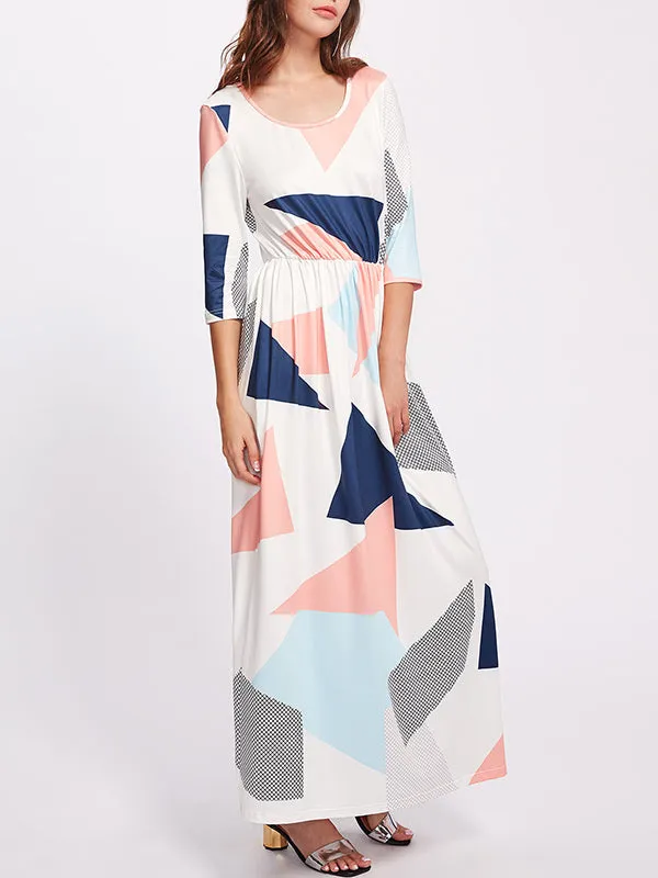 Printed Dress Round Neck Cropped Sleeves Women's Shirt Long Skirt