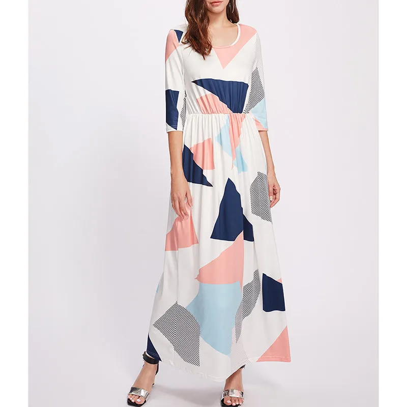 Printed Dress Round Neck Cropped Sleeves Women's Shirt Long Skirt