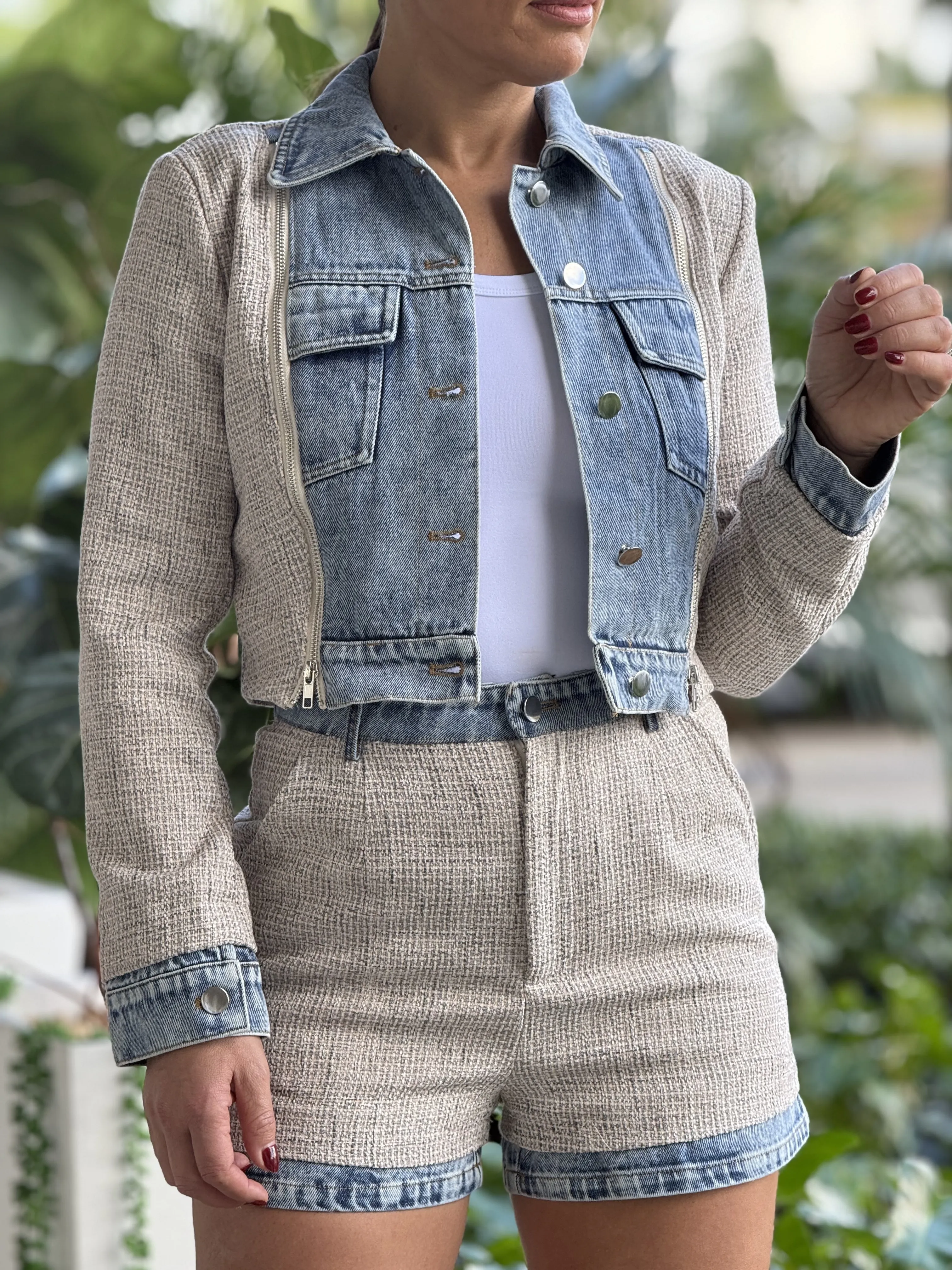 "Maddie" Denim Long Sleeve Jacket And High Waisted Shorts