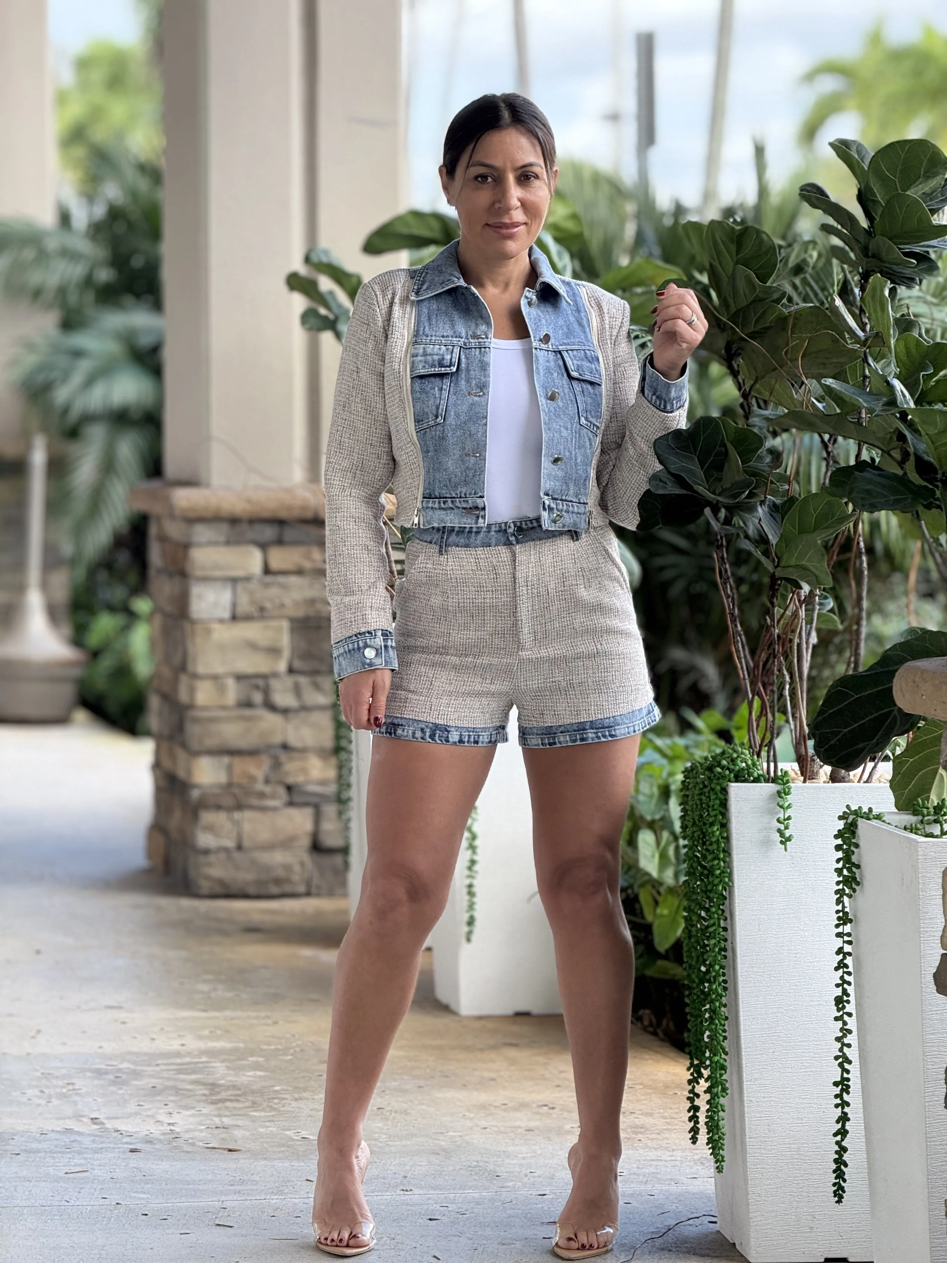 "Maddie" Denim Long Sleeve Jacket And High Waisted Shorts