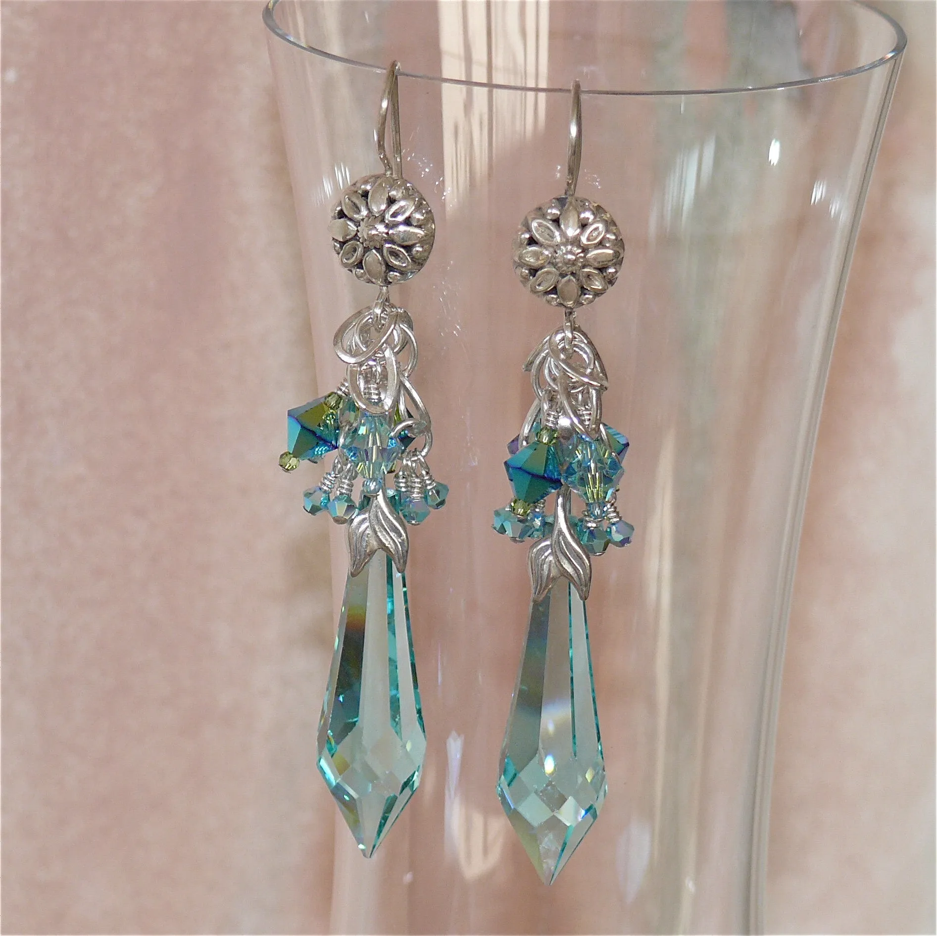 "Ocean" Handcrafted One of a Kind Swarovski Crystal & Sterling Silver Chandelier Earrings