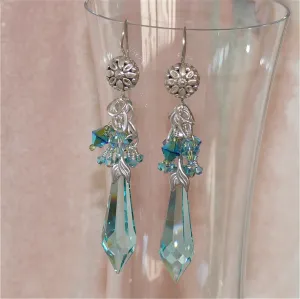 "Ocean" Handcrafted One of a Kind Swarovski Crystal & Sterling Silver Chandelier Earrings