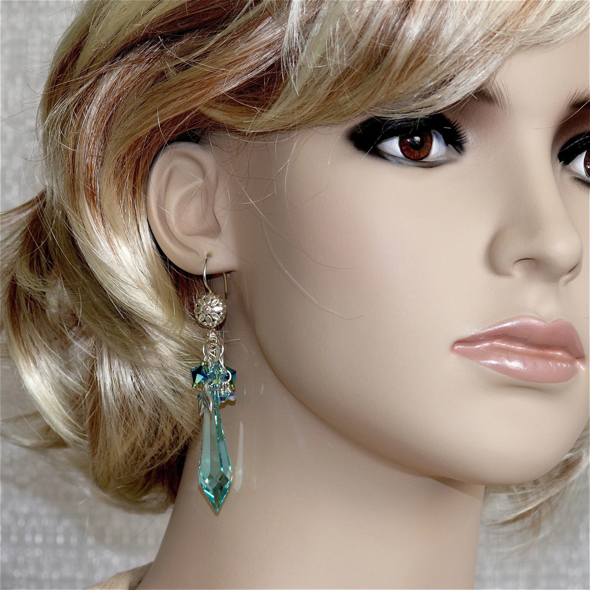 "Ocean" Handcrafted One of a Kind Swarovski Crystal & Sterling Silver Chandelier Earrings