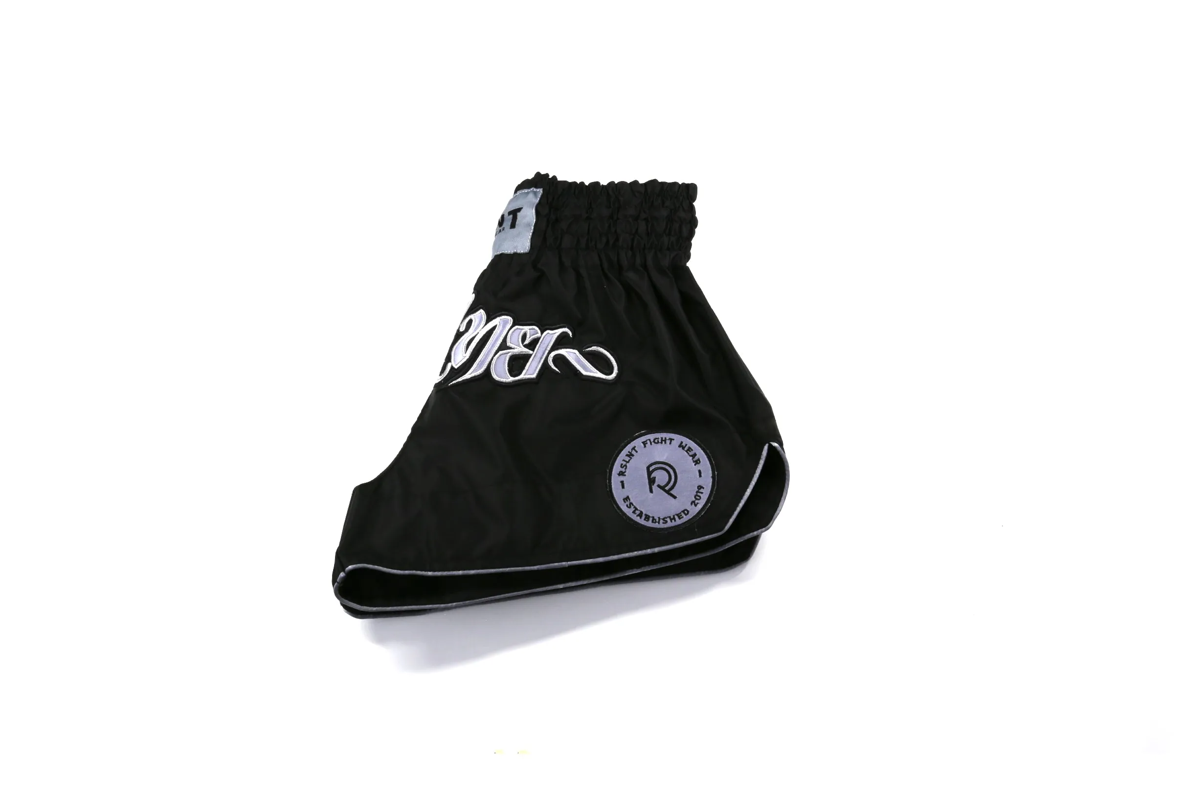 "Omega" Performance Nylon Muay Thai Shorts (Black / Silver)