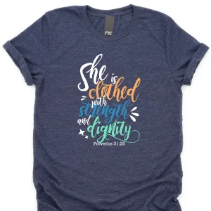 "She Is Clothed" Heather Midnight Navy T-Shirt