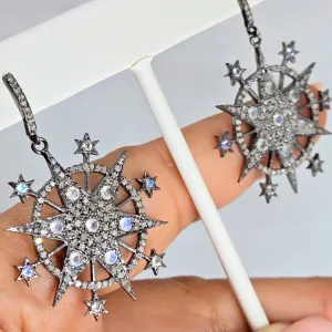"Starry Night" 2" Earrings - Diamonds, Moonstone, Black Sterling