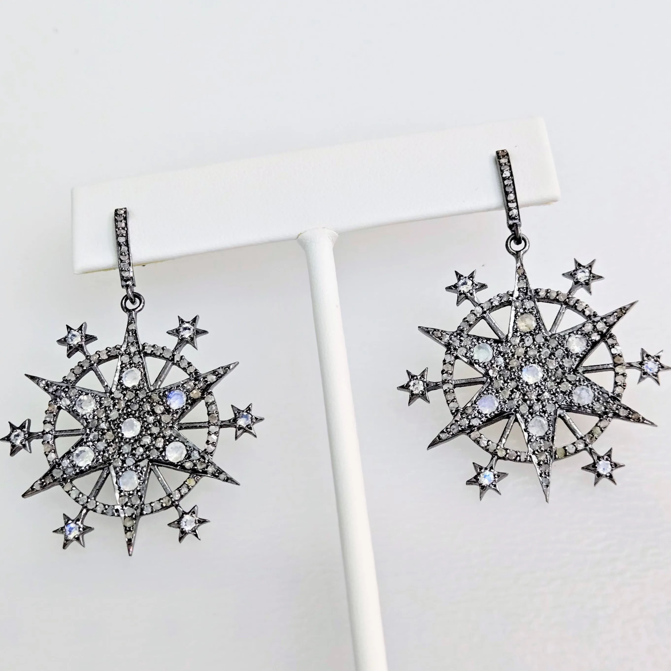 "Starry Night" 2" Earrings - Diamonds, Moonstone, Black Sterling