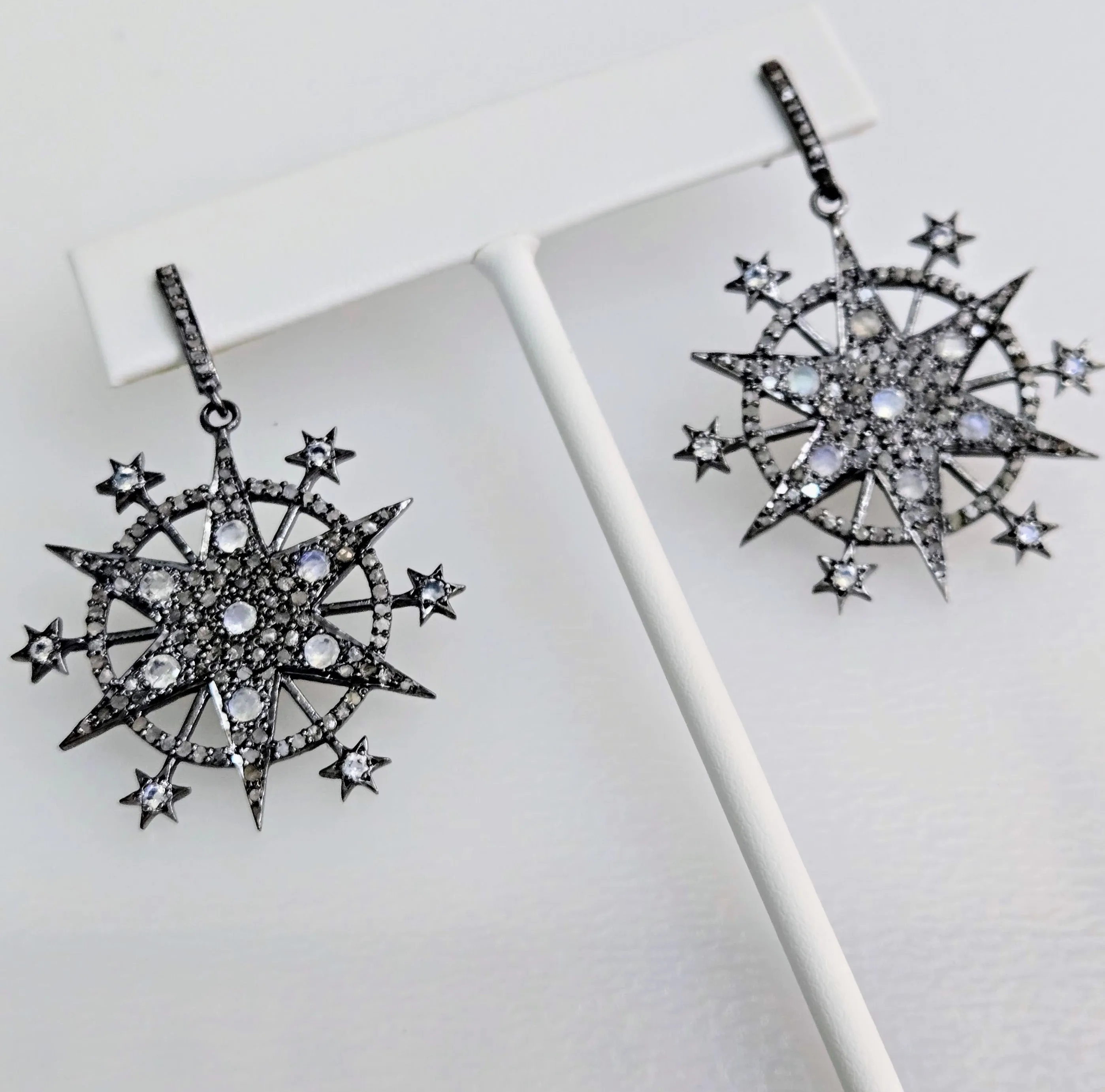 "Starry Night" 2" Earrings - Diamonds, Moonstone, Black Sterling