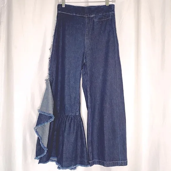 Rachel Comey Ruffle Jeans Sz 4 Revel Wide Leg Boho Rigid Denim Pants 90s Y2K