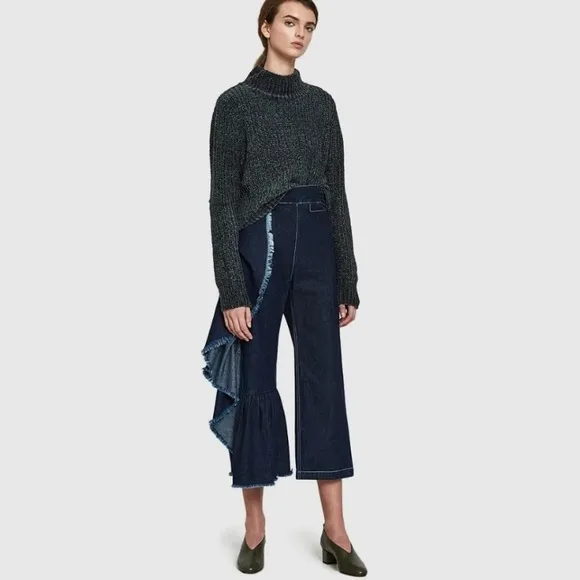 Rachel Comey Ruffle Jeans Sz 4 Revel Wide Leg Boho Rigid Denim Pants 90s Y2K