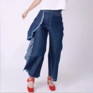 Rachel Comey Ruffle Jeans Sz 4 Revel Wide Leg Boho Rigid Denim Pants 90s Y2K