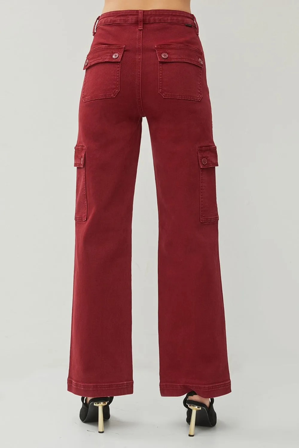 Rafaela High Rise Wide Leg Cargo Jeans - Wine, Slight Stretch, Pocketed