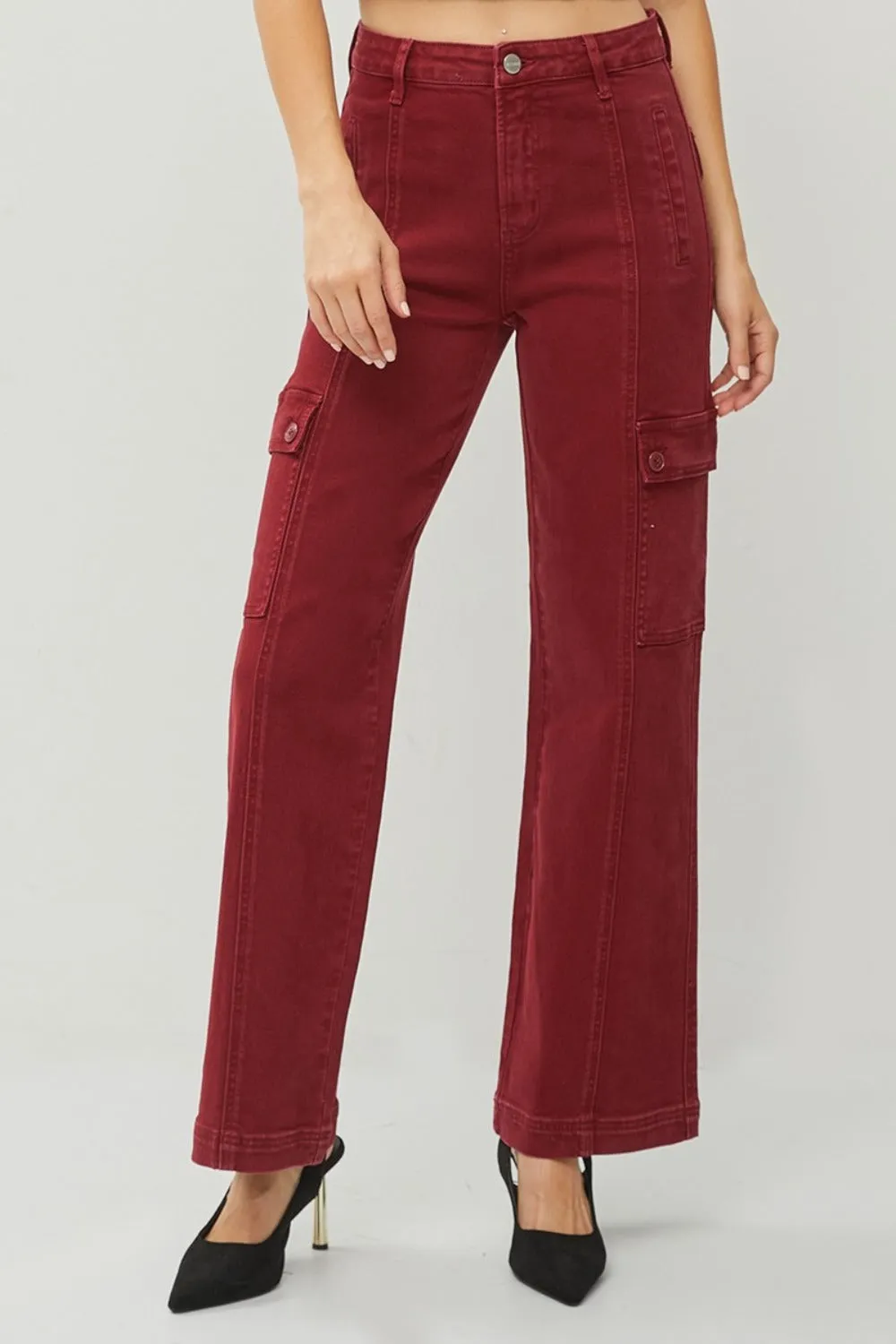 Rafaela High Rise Wide Leg Cargo Jeans - Wine, Slight Stretch, Pocketed