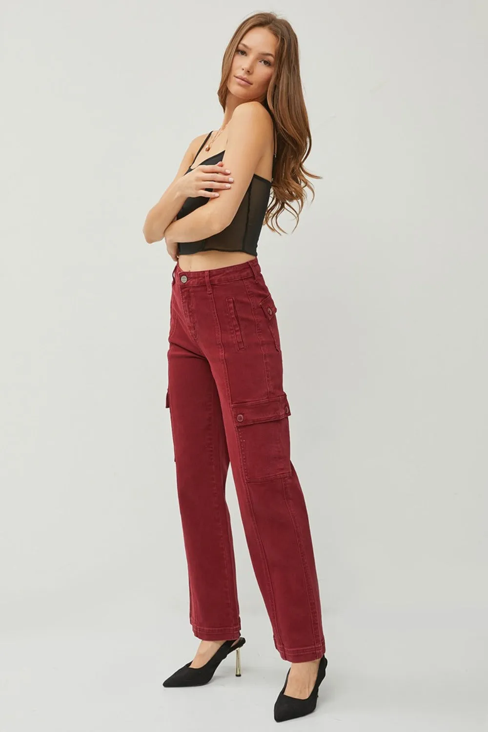 Rafaela High Rise Wide Leg Cargo Jeans - Wine, Slight Stretch, Pocketed