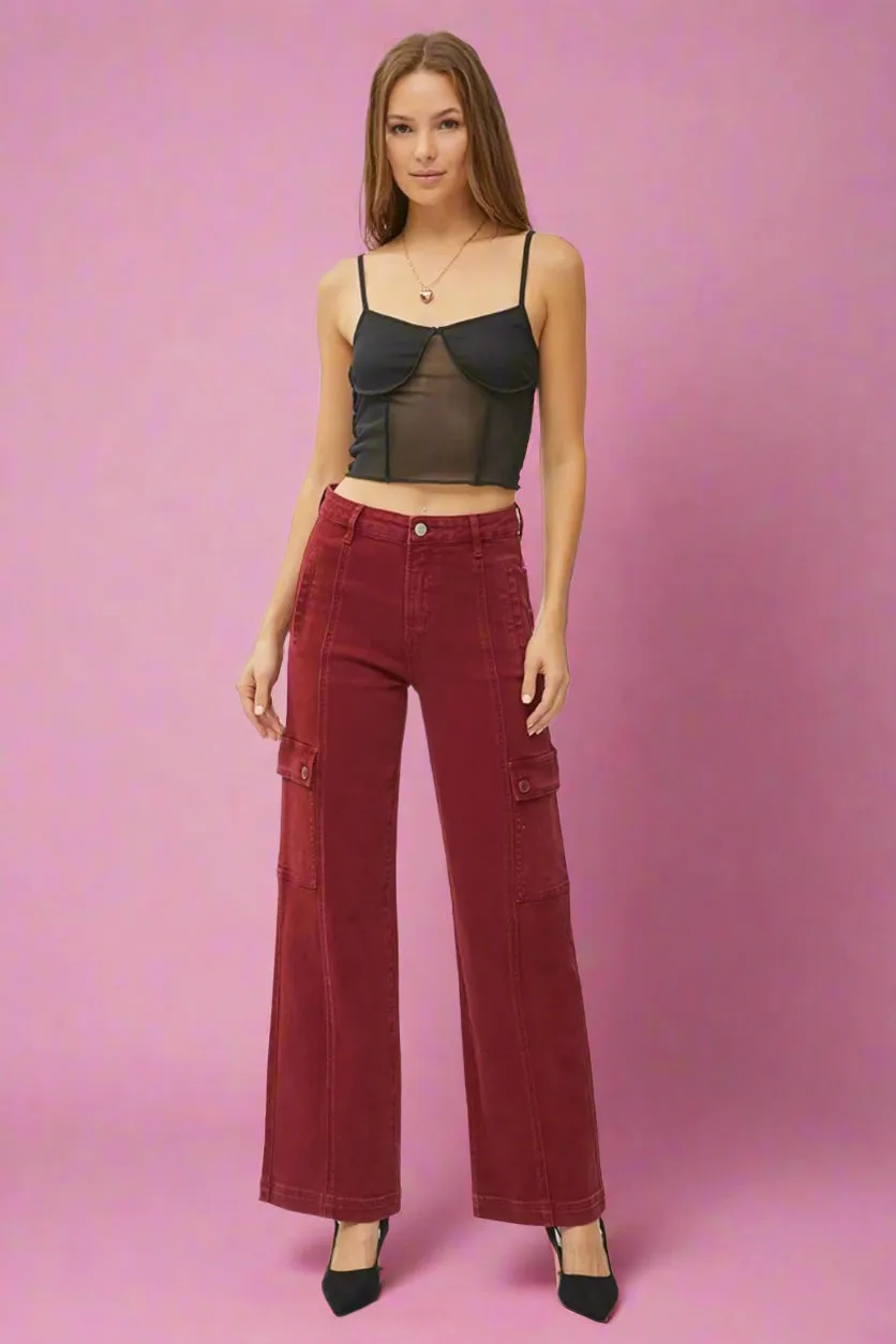 Rafaela High Rise Wide Leg Cargo Jeans - Wine, Slight Stretch, Pocketed