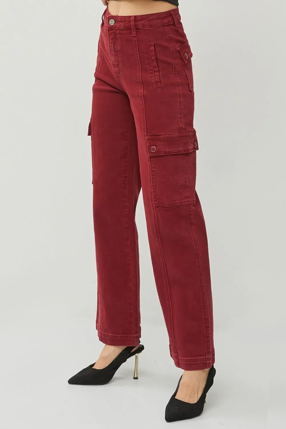 Rafaela High Rise Wide Leg Cargo Jeans - Wine, Slight Stretch, Pocketed