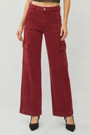 Rafaela High Rise Wide Leg Cargo Jeans - Wine, Slight Stretch, Pocketed