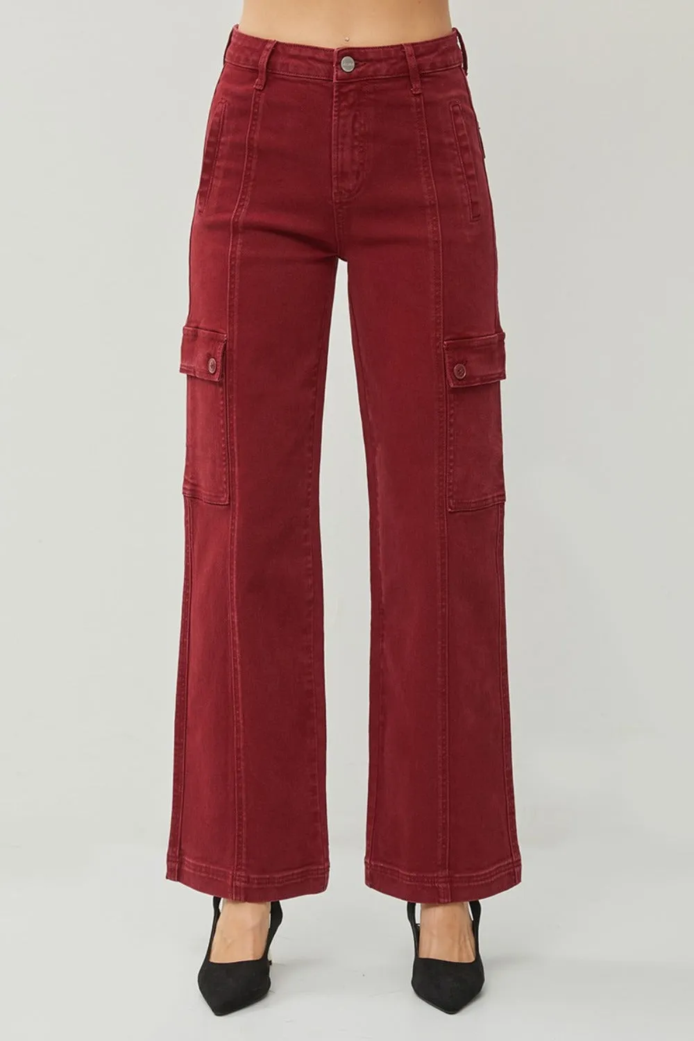 Rafaela High Rise Wide Leg Cargo Jeans - Wine, Slight Stretch, Pocketed