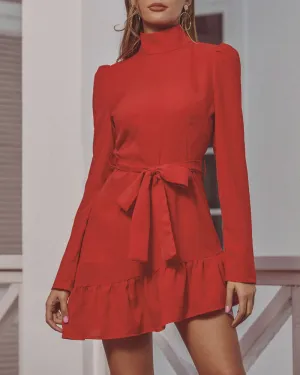 Red High Collar Long Sleeve Ruffle Mini Dresses