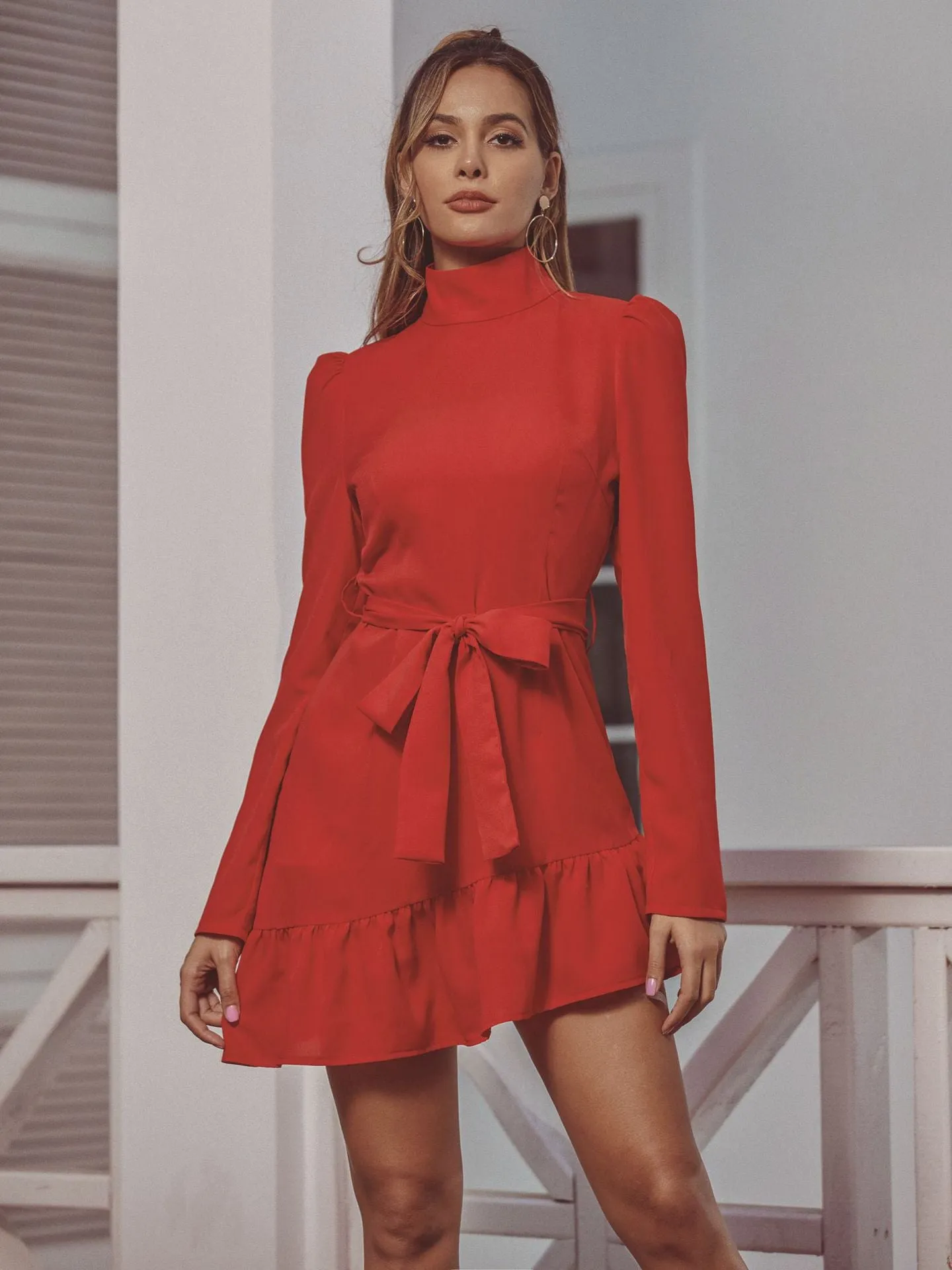 Red High Collar Long Sleeve Ruffle Mini Dresses