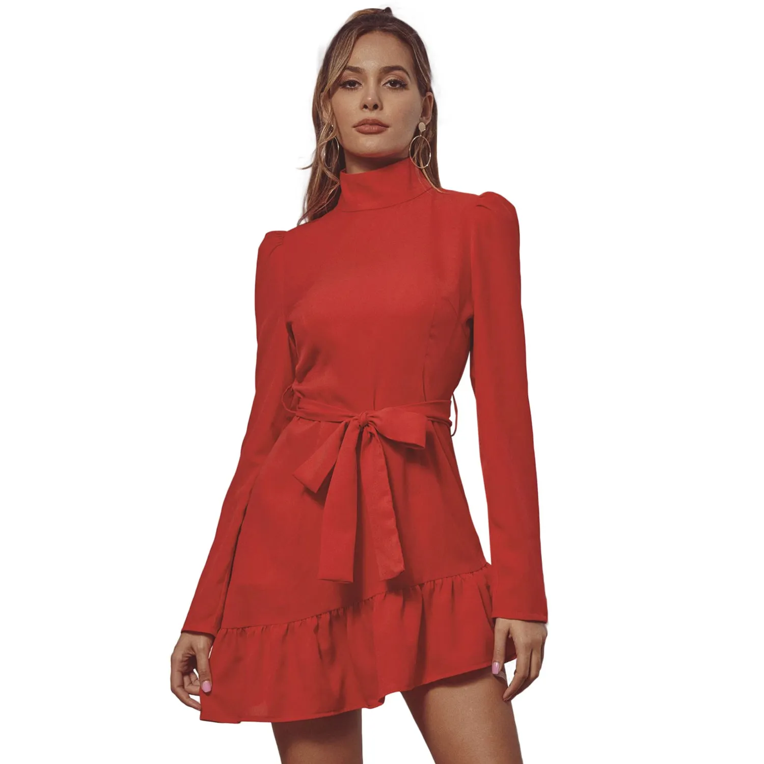 Red High Collar Long Sleeve Ruffle Mini Dresses