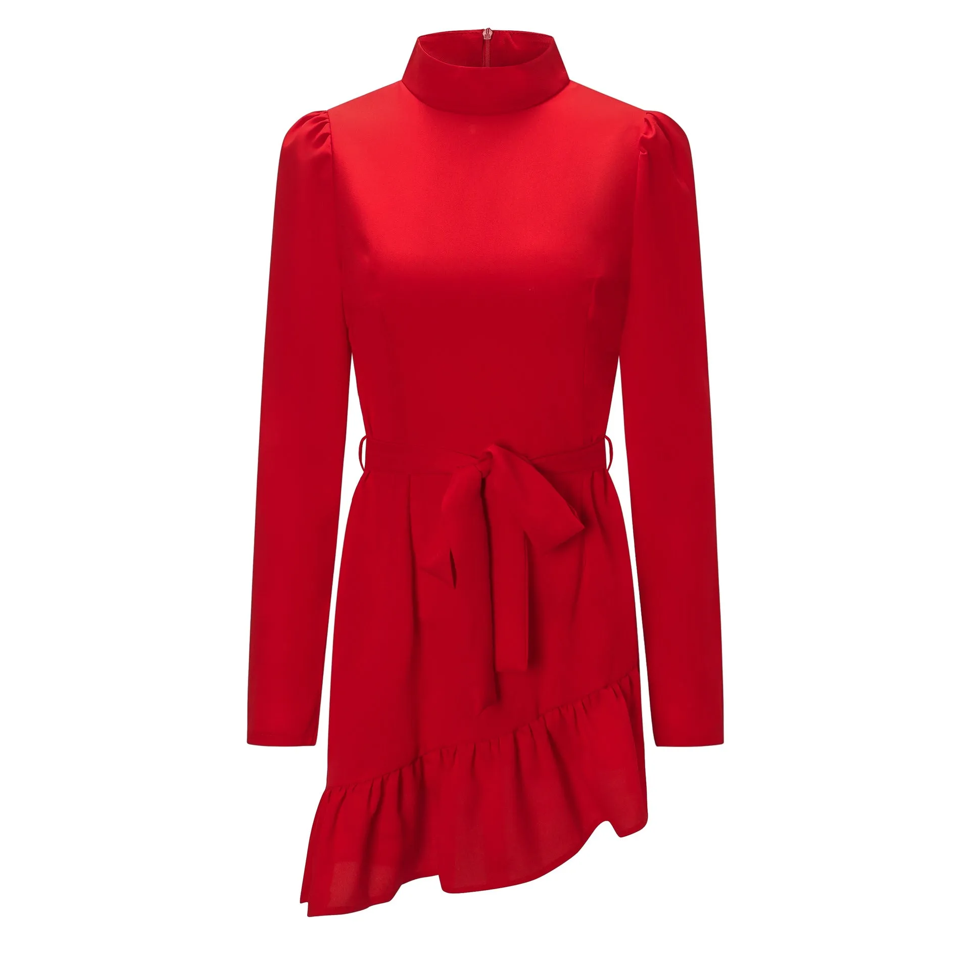 Red High Collar Long Sleeve Ruffle Mini Dresses