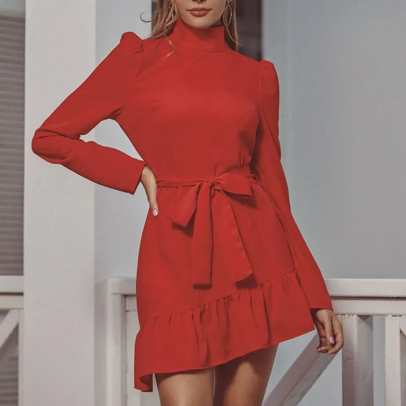 Red High Collar Long Sleeve Ruffle Mini Dresses