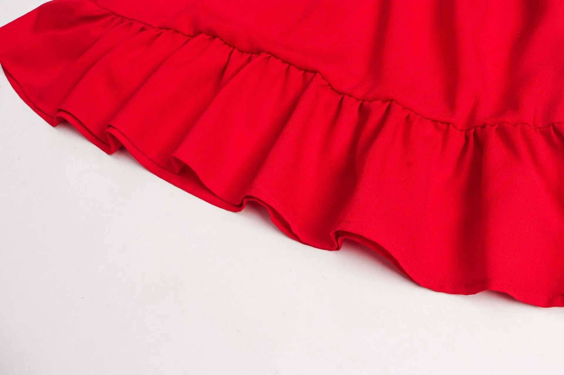 Red High Collar Long Sleeve Ruffle Mini Dresses