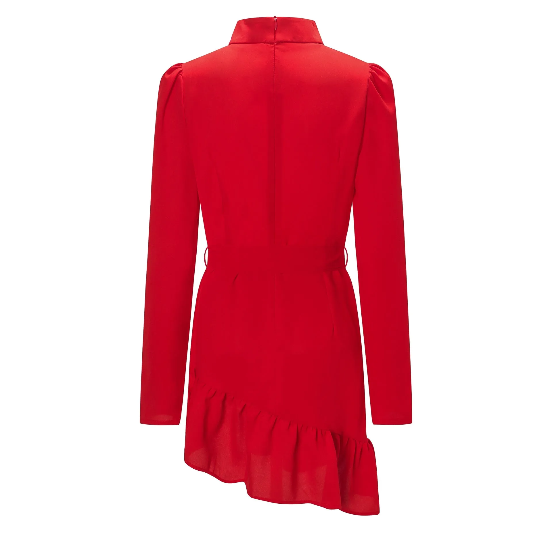 Red High Collar Long Sleeve Ruffle Mini Dresses