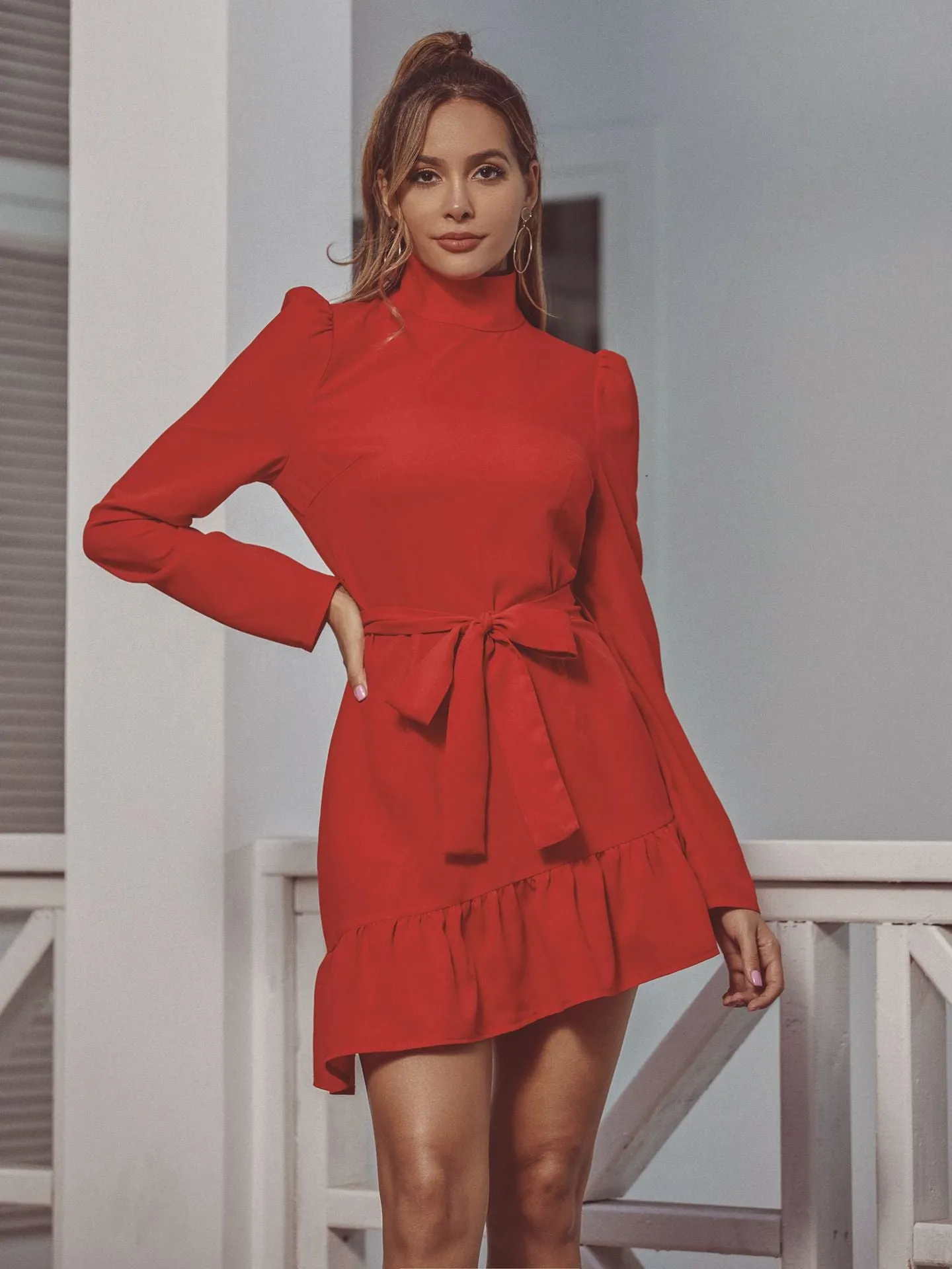 Red High Collar Long Sleeve Ruffle Mini Dresses