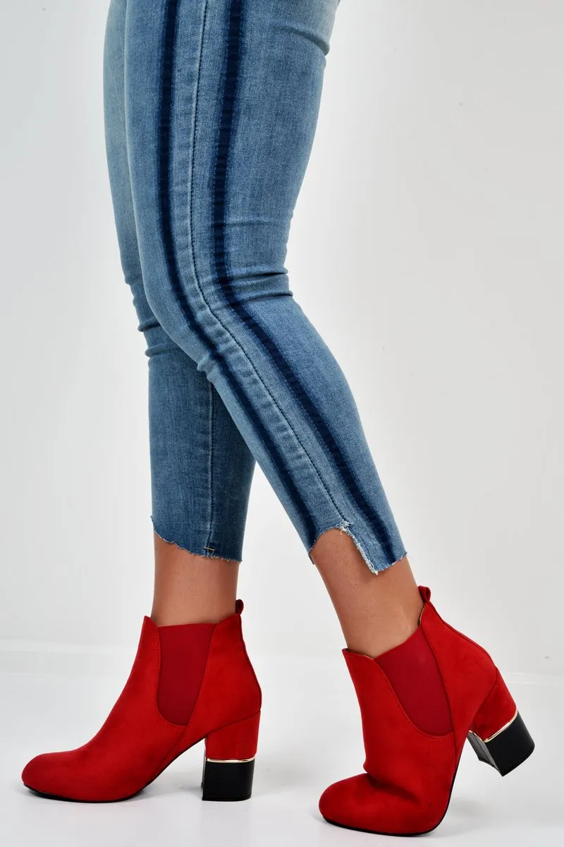 Red Suede Gold Detail Heeled Ankle Boots - Annison